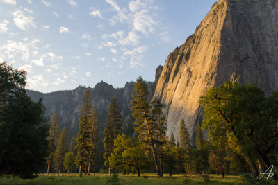 Cathedral Rock in Yosemite Valley during golden hour, Yosemite National Park
