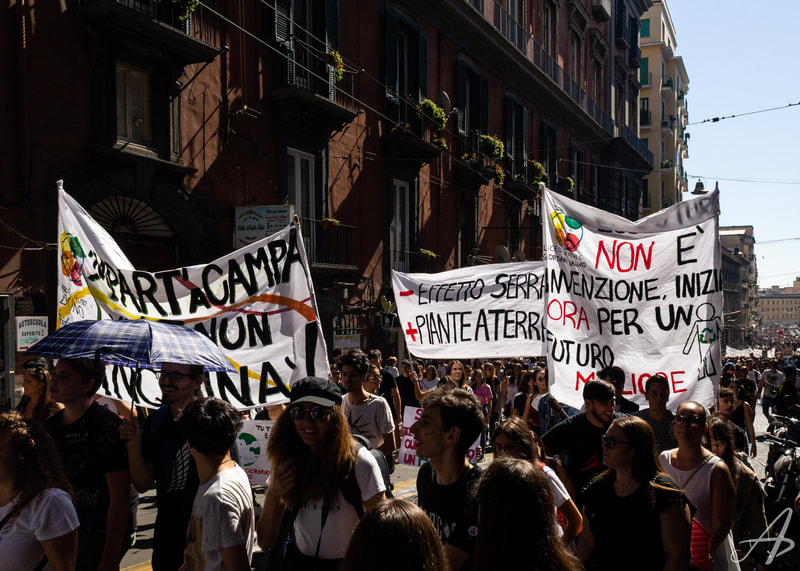 Students holding up signs during a climate march in the streets of Naples